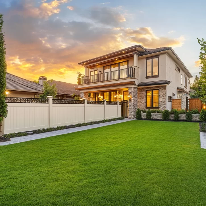 A modern two-story house with a white fence and a well-manicured lawn.